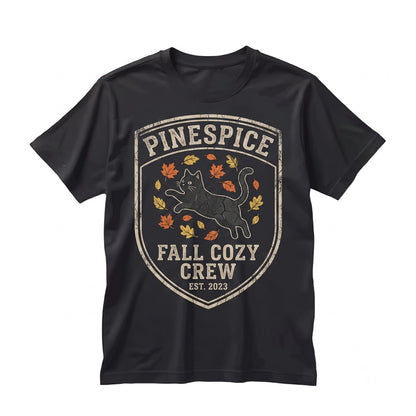 Black Cat Fall Leaves Embroidered Cozy Autumn Feline Lover Gift Unisex TShirt