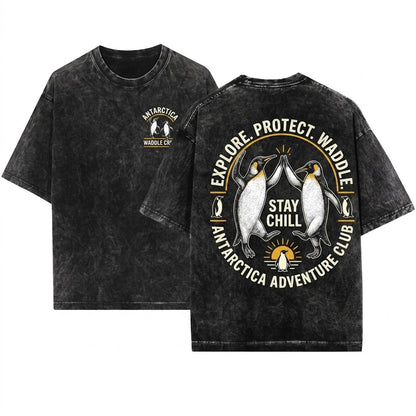 Penguins Dancing Vintage Arctic Wildlife Emperor Graphic Silly Funny Animal Unisex Wash T-Shirt