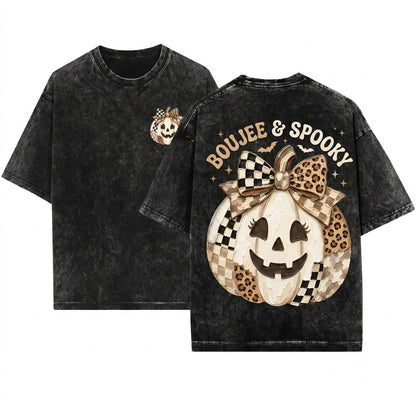 Coquette Cute Neutral Checkered Leopard Beige Boho Fall Halloween Pumpkin Gift Unisex Wash T-Shirt