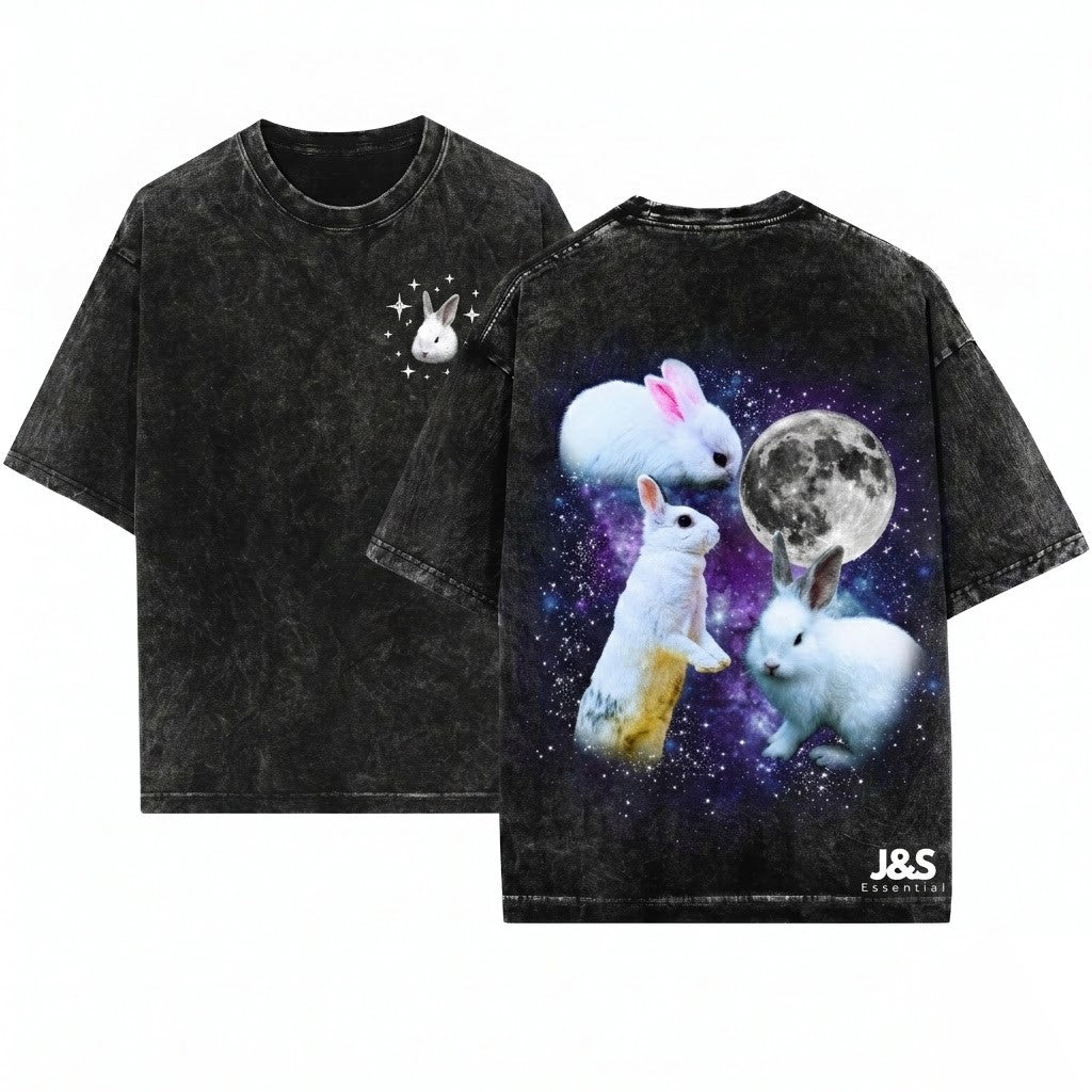 Three Bunny Retro Vintage Rabbit Moon Oversized Silly Funny Lovers Gift Graphic Unisex Wash T-Shirt