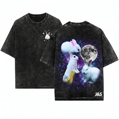 Three Bunny Retro Vintage Rabbit Moon Oversized Silly Funny Lovers Gift Graphic Unisex Wash T-Shirt
