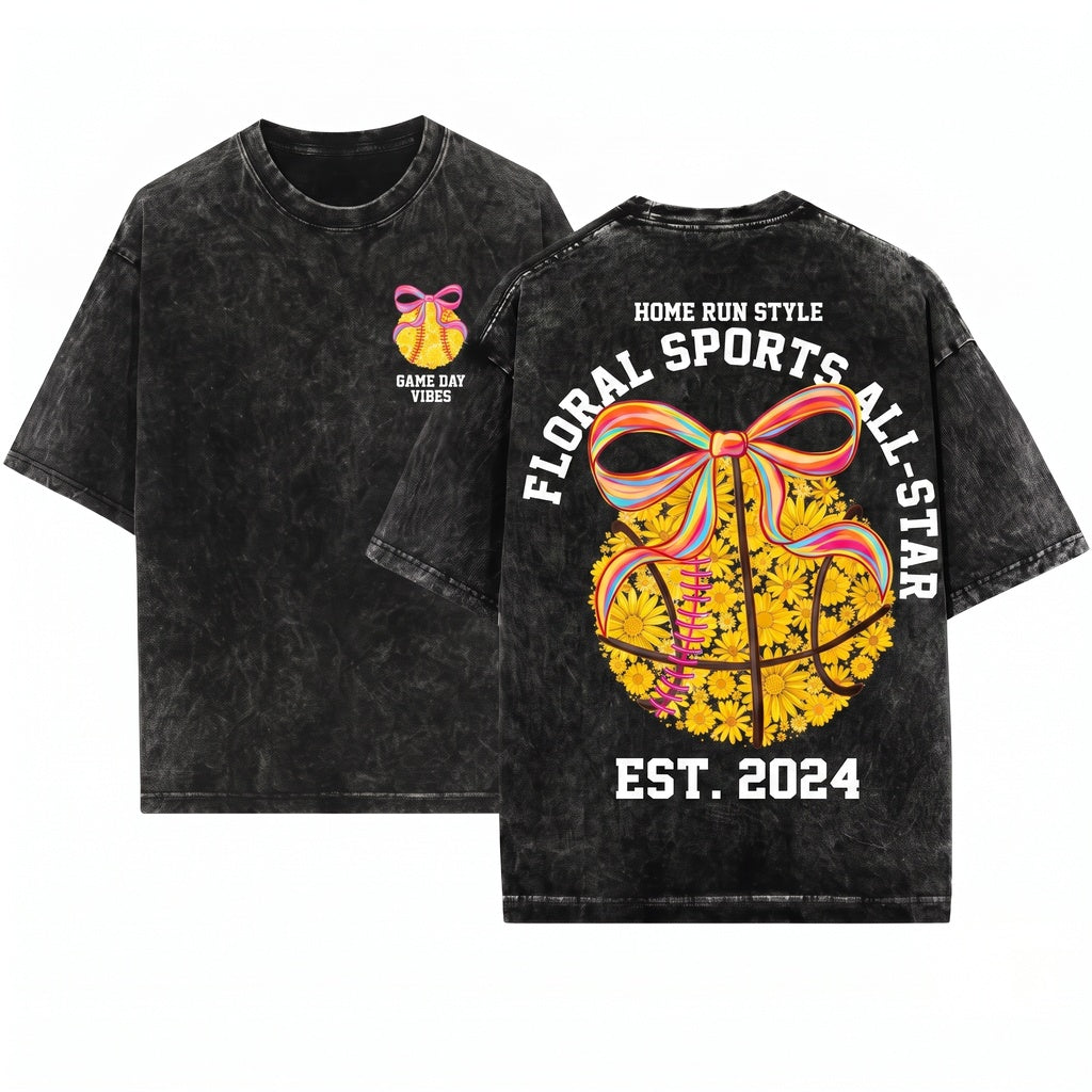 Coquette Floral Sports Ball Game Day Bow Graphic Unisex Wash T-Shirt
