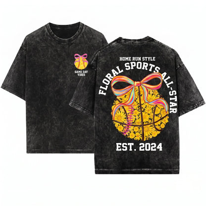 Coquette Floral Sports Ball Game Day Bow Graphic Unisex Wash T-Shirt