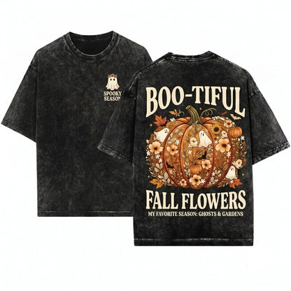 Vintage Floral Pumpkin Ghost Fall Bow Halloween Graphic Unisex Wash T-Shirt