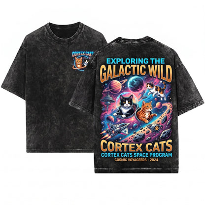 Vintage Cosmic Cat Graphic Retro 90s Space Celestial Moon Stars Gift Unisex Wash T-Shirt