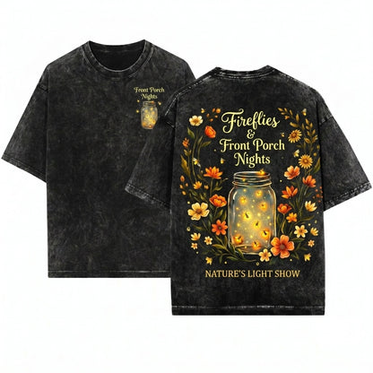 Fireflies Mason Jar Front Porch Summer Evening Floral Nights Unisex Wash T-Shirt