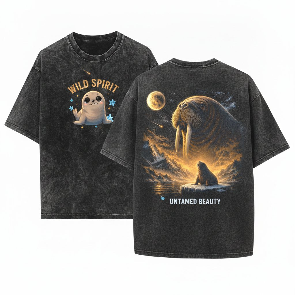Walrus Howling To The Moon Ocean Graphic Arctic Animals 90s Retro Wolf Funny Gift Lover Unisex Wash T-Shirt