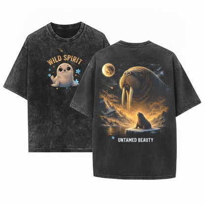 Walrus Howling To The Moon Ocean Graphic Arctic Animals 90s Retro Wolf Funny Gift Lover Unisex Wash T-Shirt
