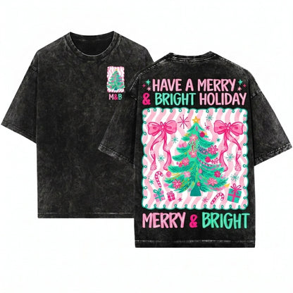Floral Preppy Christmas Tree Bow Merry & Bright Pink Blue Coquette Holiday Graphic Digital PNG Unisex Wash T-Shirt