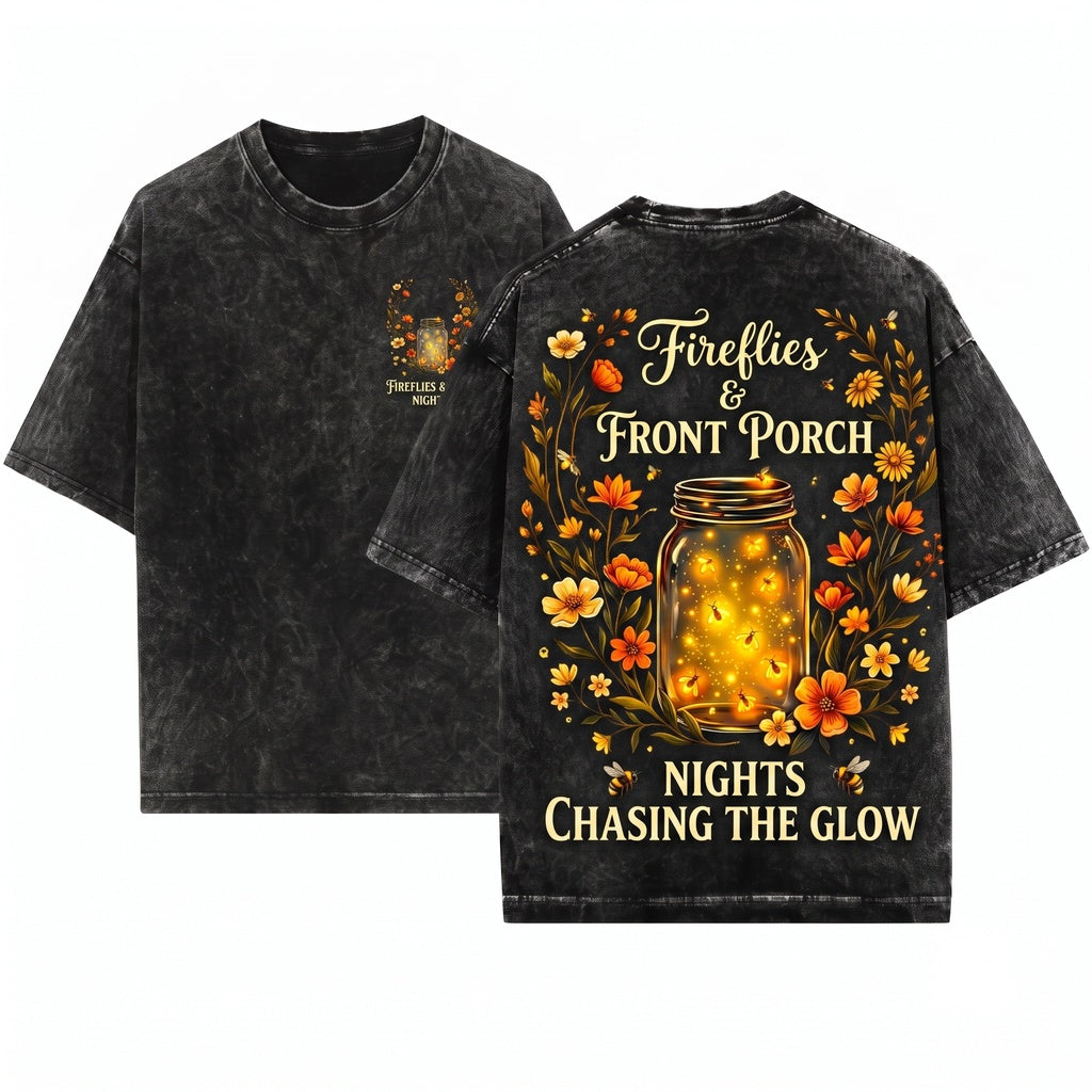 Fireflies Mason Jar Front Porch Summer Evening Floral Nights Unisex Wash T-Shirt