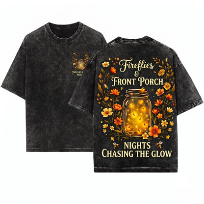 Fireflies Mason Jar Front Porch Summer Evening Floral Nights Unisex Wash T-Shirt