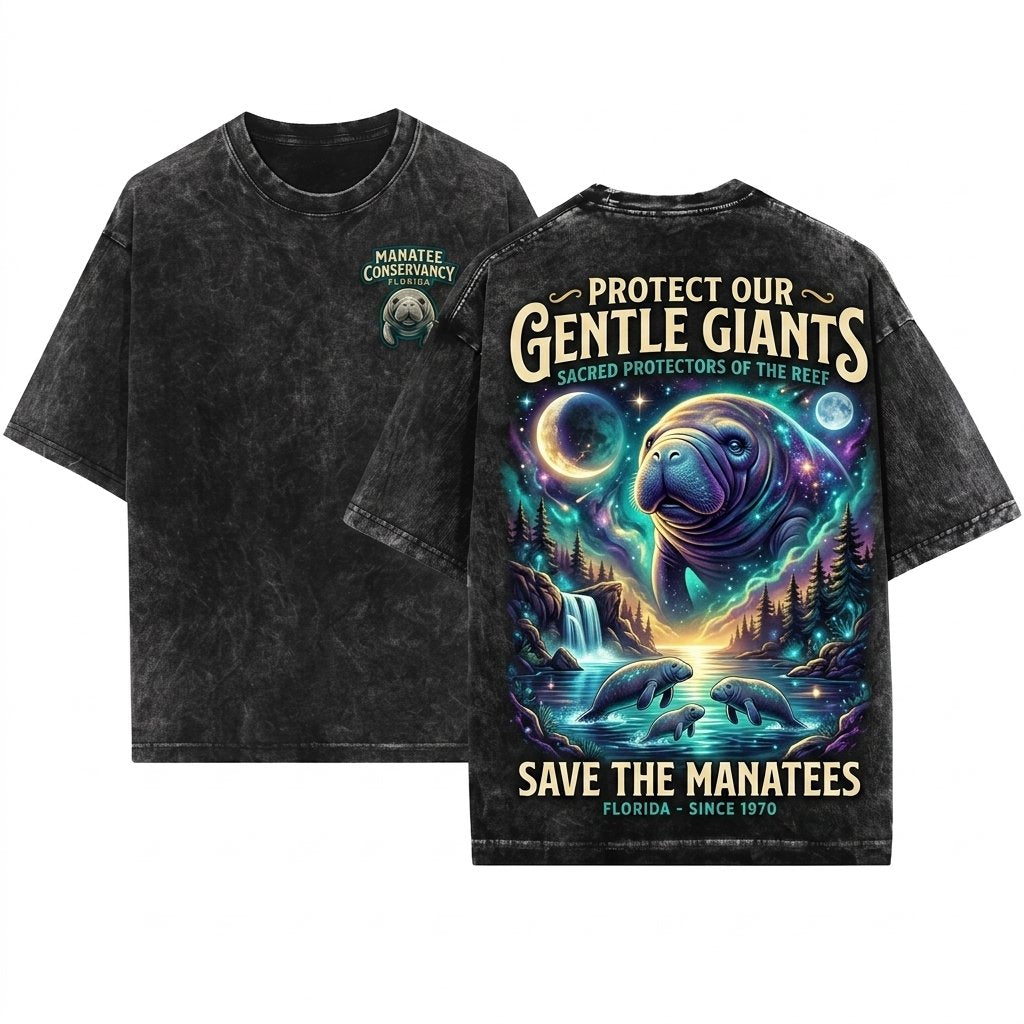 Manatee Howling Ocean Graphic Save Sea Cow Florida Gift 90s Retro Vintage Unisex Wash T-Shirt