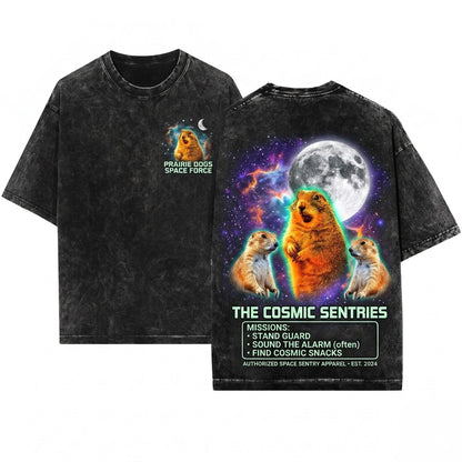 Three Prairie Dog Moon Retro Vintage Graphic Oversized Funny Unisex Wash T-Shirt
