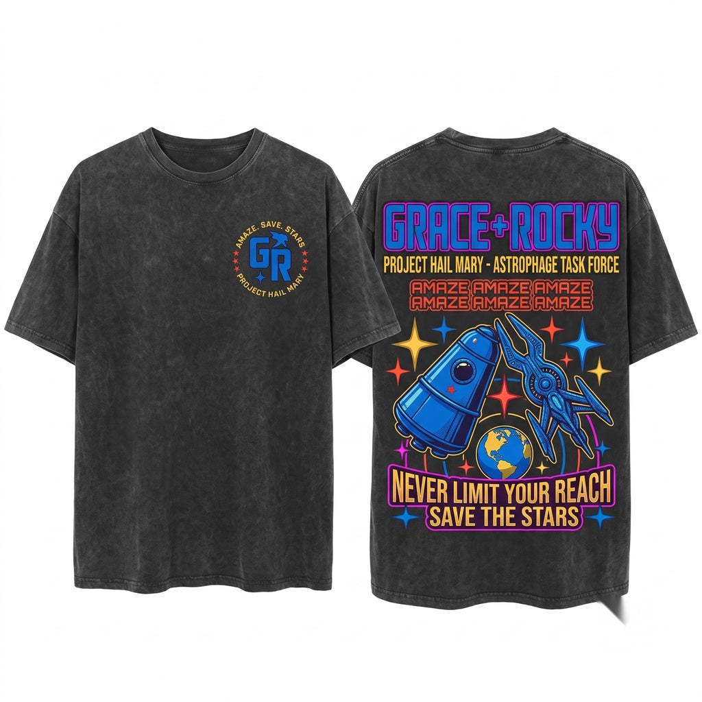 Project Hail Mary Amaze Grace Rocky Embroidered Sci-Fi Space Fan Apparel Gift Movie Unisex Wash T-Shirt