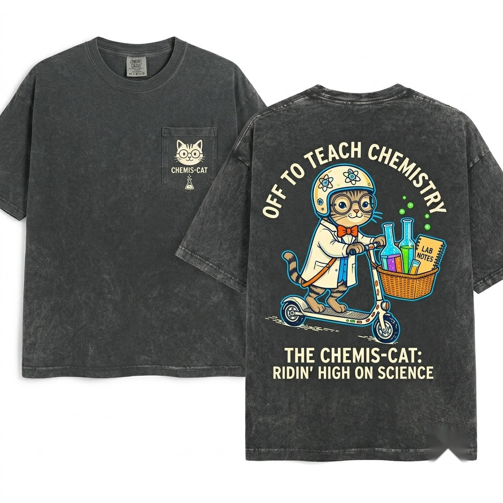 Science Cat Scooter Graphic Chemistry Teacher Lab Humor Nerdy Classroom Experiment Gift Apparel Unisex Wash T-Shirt