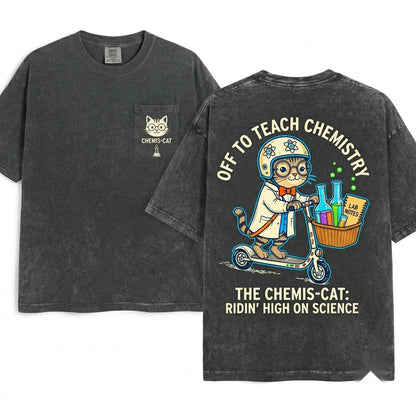 Science Cat Scooter Graphic Chemistry Teacher Lab Humor Nerdy Classroom Experiment Gift Apparel Unisex Wash T-Shirt