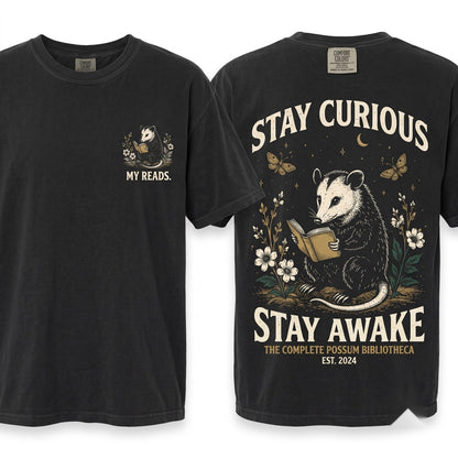 Vintage Graphic Opossum Reading Book Lover Cute Woodland Animal Cozy Nature Aesthetic Gift Unisex Wash T-Shirt
