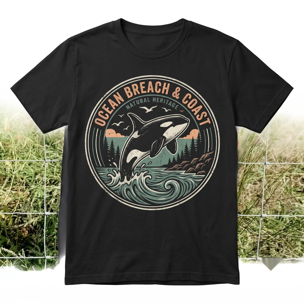 Vintage Orca Whale Ocean Sunset Graphic Coastal Marine Wildlife Pacific Nature Sea Life Gift Unisex TShirt