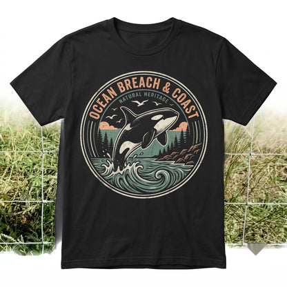 Vintage Orca Whale Ocean Sunset Graphic Coastal Marine Wildlife Pacific Nature Sea Life Gift Unisex TShirt