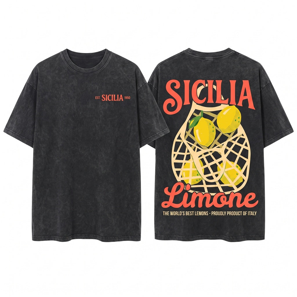 Sicily Lemon Graphic Italian Vacation Unisex Wash T-Shirt