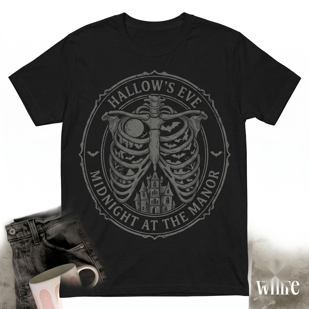 Halloween Skeleton Ribcage Graphic Haunted House Bats Dark Gothic Aesthetic Spooky Gift Unisex TShirt