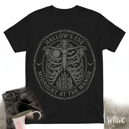 Halloween Skeleton Ribcage Graphic Haunted House Bats Dark Gothic Aesthetic Spooky Gift Unisex TShirt