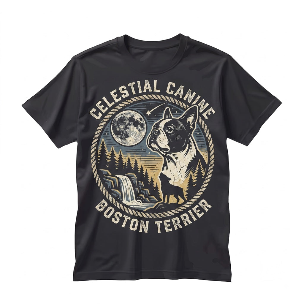 Vintage 90s Boston Terrier Howling at Full Moon Graphic Dog Lover Gift Novelty Unisex TShirt