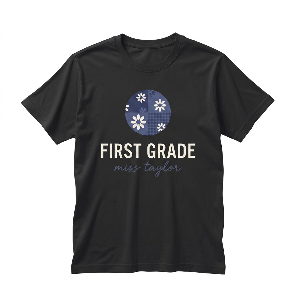 1st Grade Teacher Floral Blue Faux Patchwork Educator Back to School Matching Team Group Unisex TShirt