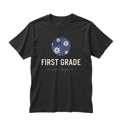 1st Grade Teacher Floral Blue Faux Patchwork Educator Back to School Matching Team Group Unisex TShirt