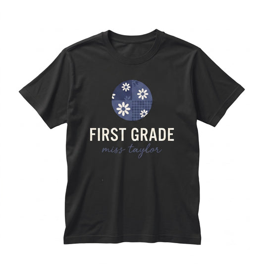 1st Grade Teacher Floral Blue Faux Patchwork Educator Back to School Matching Team Group Unisex TShirt