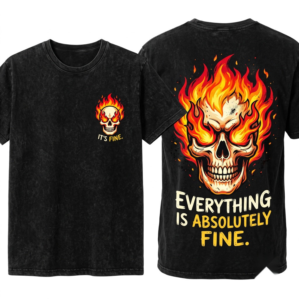 Everythings Fine Boxy Cropped Retro Grunge Flaming Skull Boho Hippie Festival Unisex Wash T-Shirt