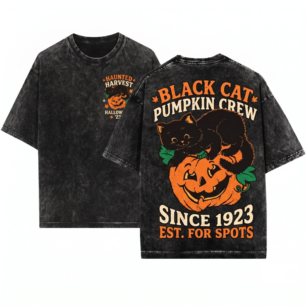 Vintage 90s Retro Spooky Halloween Black Cat Pumpkin Fall Season Crewneck Sweatshirt Unisex Wash T-Shirt