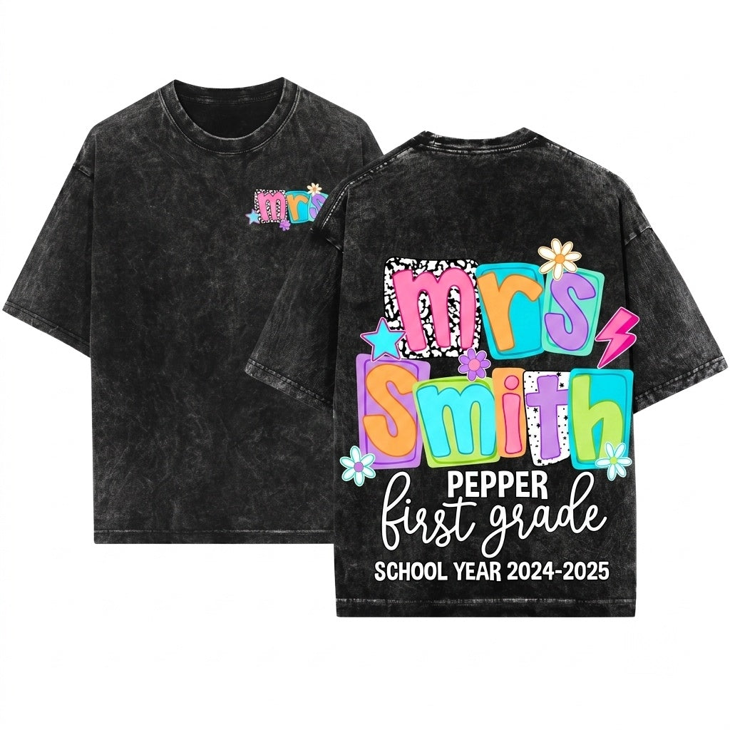 Personalized Name Colorful Groovy Doodle First Grade Teacher Back To School Gift Unisex Wash T-Shirt