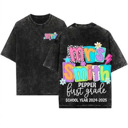 Personalized Name Colorful Groovy Doodle First Grade Teacher Back To School Gift Unisex Wash T-Shirt