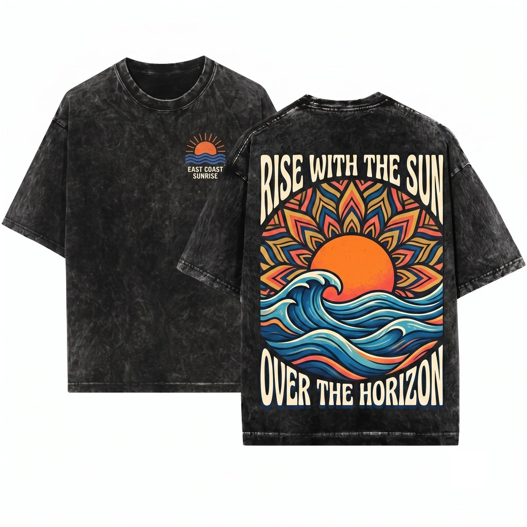 Retro Sunset Beach Graphic Summer Coastal Apparel Unisex Wash T-Shirt