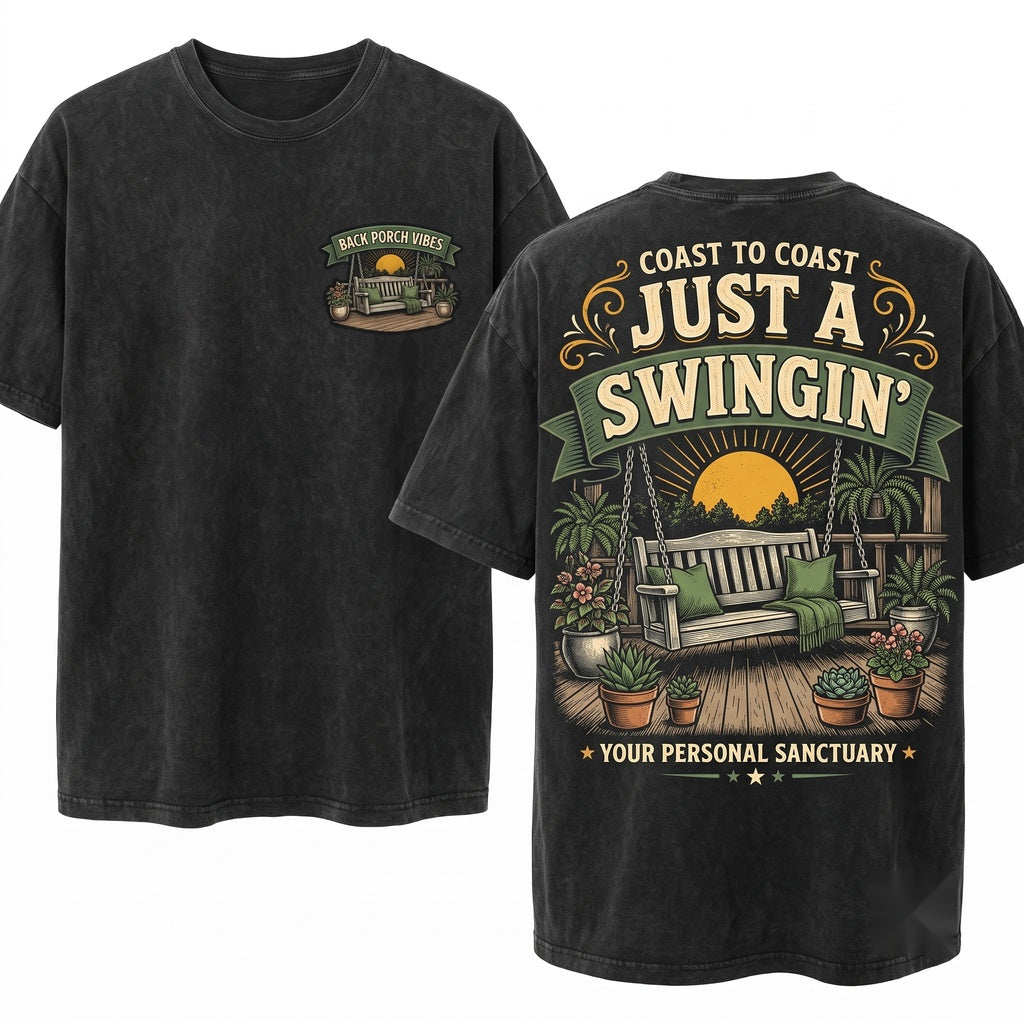 Rustic Porch Swing Outdoor Living Garden Lover Vintage Sunset Country Life Graphic Unisex Wash T-Shirt
