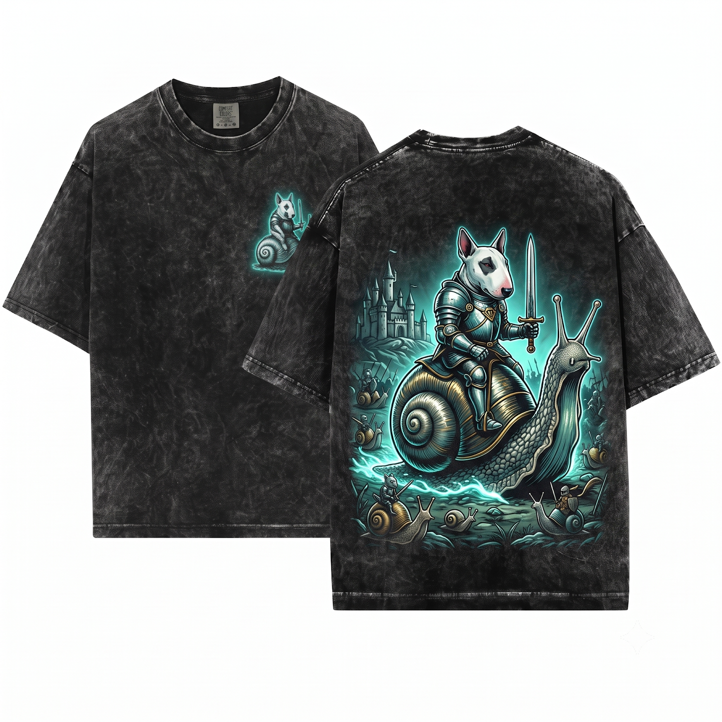 Retro Bull Terrier Knight Riding Snail Shirt Funny Meme Dark Art Grimdark Gift Unisex Heavyweight Garment-Dyed T-Shirt