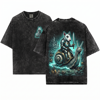 Retro Bull Terrier Knight Riding Snail Shirt Funny Meme Dark Art Grimdark Gift Unisex Heavyweight Garment-Dyed T-Shirt