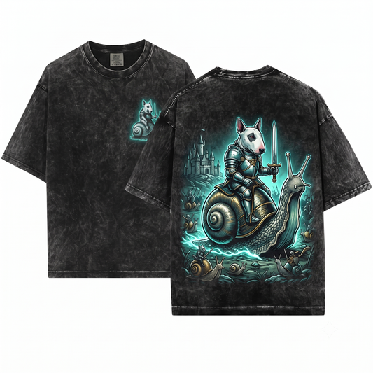 Retro Bull Terrier Knight Riding Snail Shirt Funny Meme Dark Art Grimdark Gift Unisex Heavyweight Garment-Dyed T-Shirt