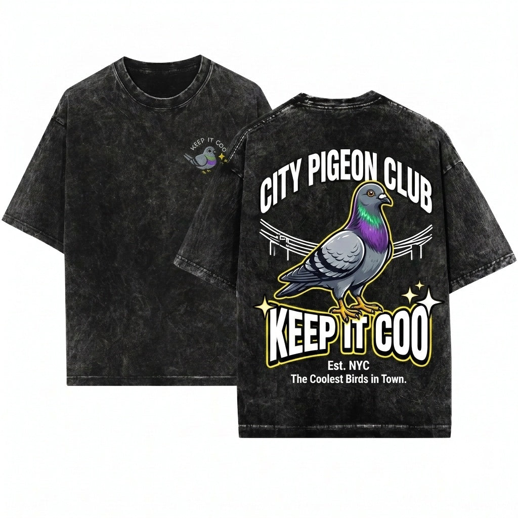 Keep It Coo Embroidered Funny Pigeon Cute Bird Lover Urban City Gift Unisex Wash T-Shirt