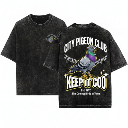 Keep It Coo Embroidered Funny Pigeon Cute Bird Lover Urban City Gift Unisex Wash T-Shirt