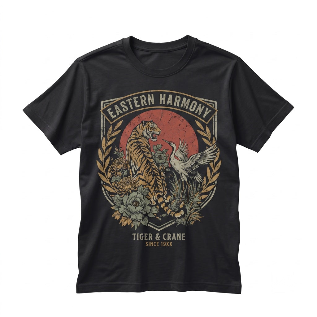 Retro Tiger Crane Graphic Japanese Wildlife Floral Vintage Asian Nature Animal Art Gift Unisex TShirt
