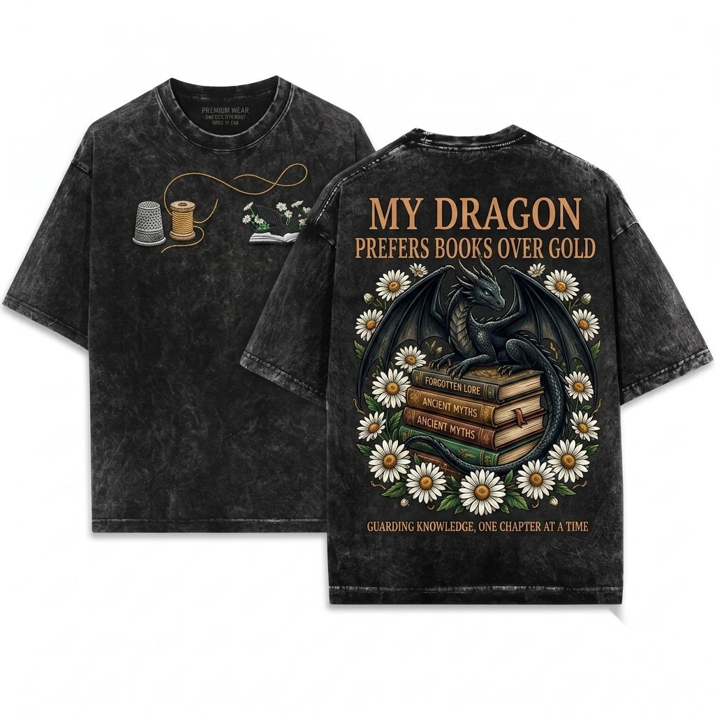 Dragon Daisies Cute Fantasy Reader Embroidered Unisex Wash T-Shirt