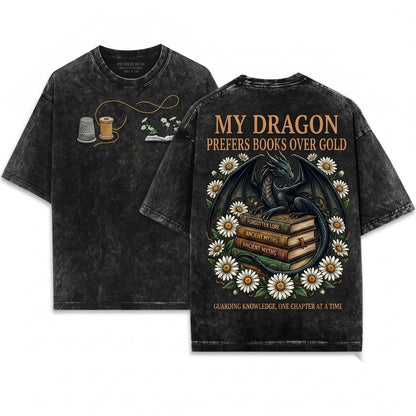 Dragon Daisies Cute Fantasy Reader Embroidered Unisex Wash T-Shirt