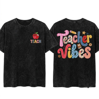 Fruity Faux Patchwork Custom Teacher Name Gingham Strawberry Floral Back To School Gift Unisex Wash T-Shirt