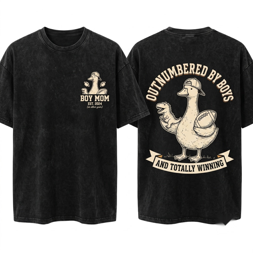 Outnumbered By Boys Funny Mama Goose Baseball Football Retro Graphic Unisex Wash T-Shirt