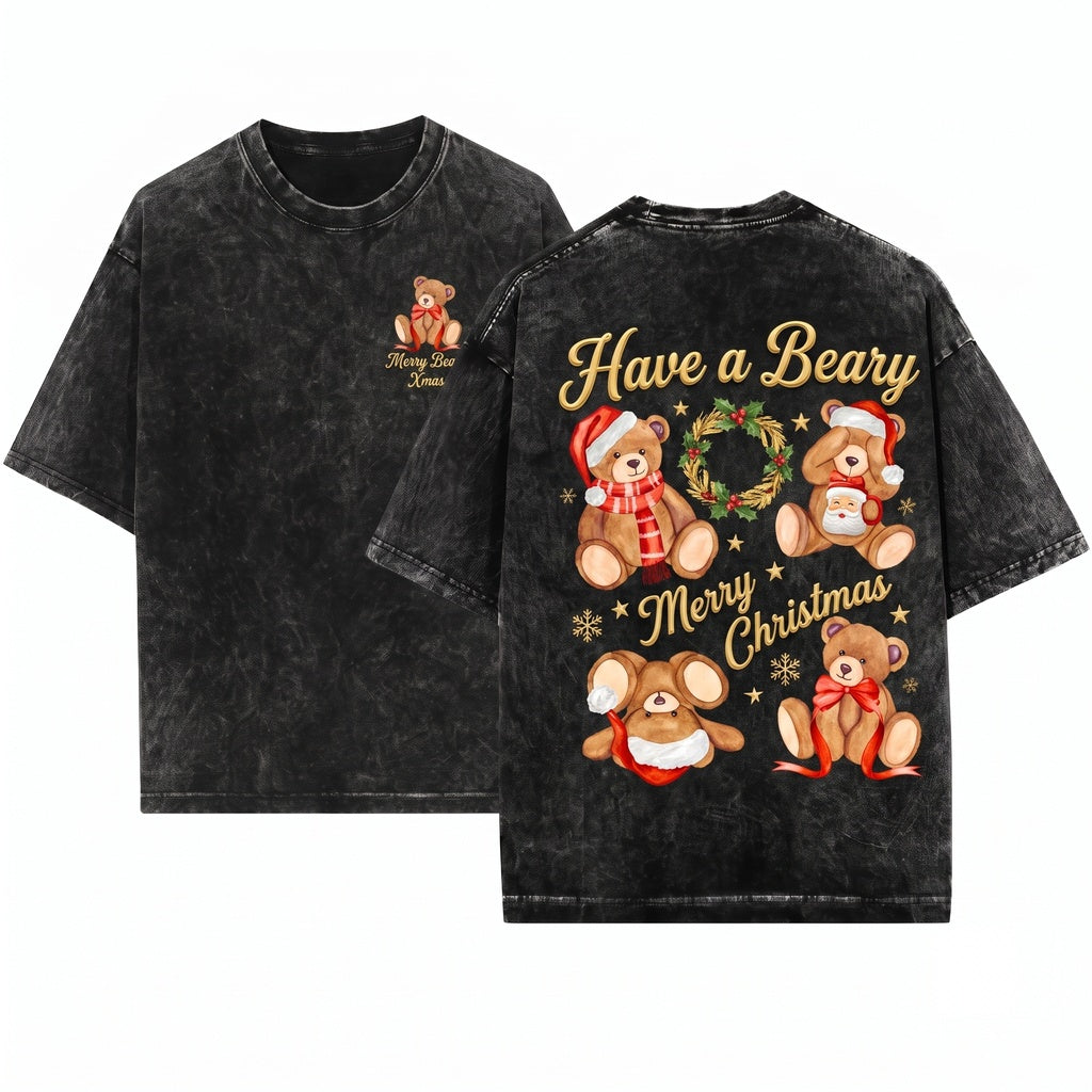 Preppy Christmas Teddy Bear Graphic Women Long Sleeve Unisex Wash T-Shirt
