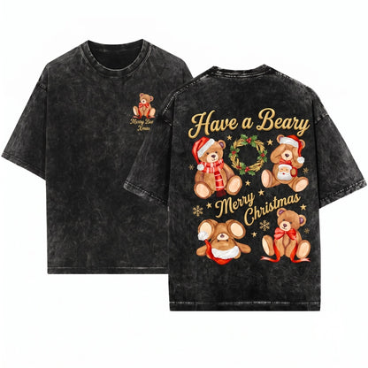 Preppy Christmas Teddy Bear Graphic Women Long Sleeve Unisex Wash T-Shirt