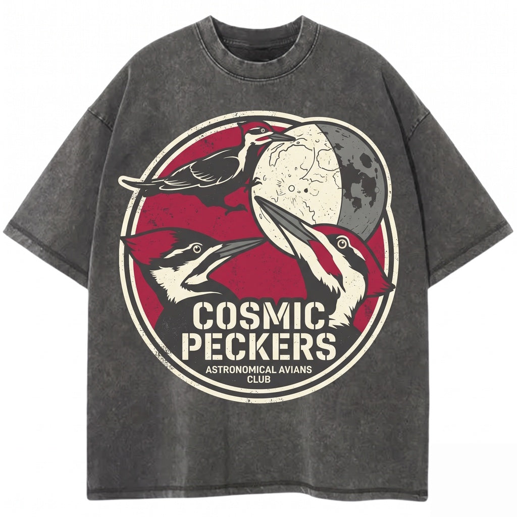 Three Pileated Woodpecker Moon Vintage Bird Galaxy Retro Cosmic Graphic Birder Gift Space Animal Streetwear Unisex TShirt
