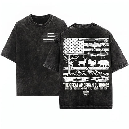 Mens Hunting Fishing USA Flag Camo Outdoor Graphic American Patriotic Angler Wilderness Gift Unisex Wash T-Shirt